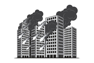 Vector illustration of city buildings on fire with thick smoke and flames. Urban disaster scene showing burning skyscrapers, destruction, emergency situation, and crisis concept in monochrome style.
