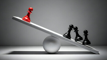 One red pawn on a seesaw outweighs four black pawns representing individual strength and leverage