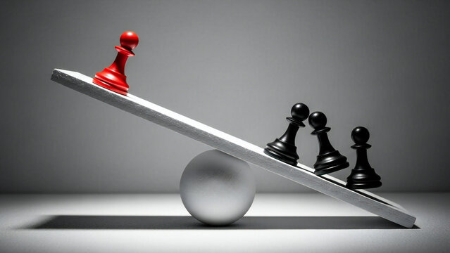 One red pawn on a seesaw outweighs four black pawns representing individual strength and leverage