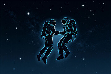 Two Astronauts Holding Hands in Outer Space