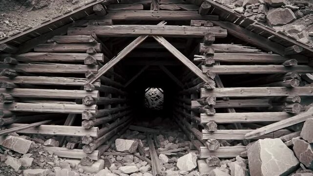 Collapsed Entrance To Abandoned Wood Framed Mine Tunnel, Rockslide