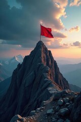 Crimson flag atop a rugged peak, dramatic sky , wilderness, view, texture