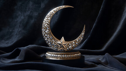 A gilded crescent moon and star adorned with sparkling crystals rests on a velvet backdrop, radiating elegance and symbolic reverence