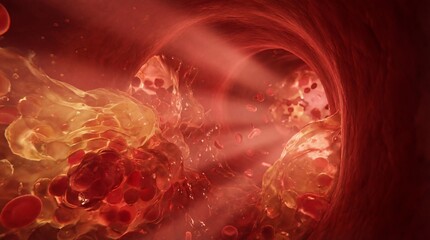 Anatomy visualization of blood vessels illuminated. Inside a detailed blood vessel, blood flows with cells and detailed inner walls, creating a vibrant scene of life and health.