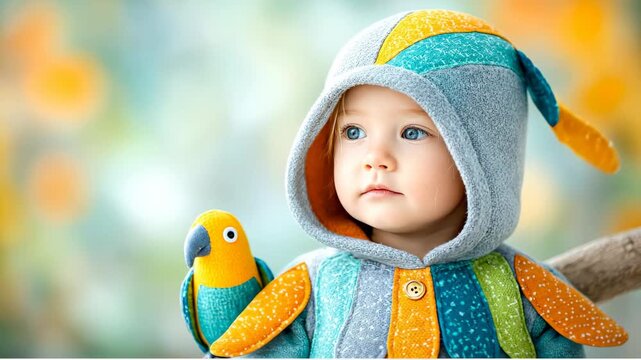 Kid in bright clothes with parrot. A child in a bright outfit sits outdoors with a small parrot on their chest. The background shows blurred flowers.