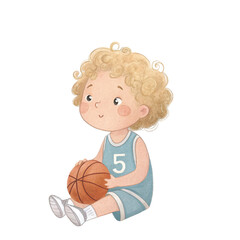 Cute watercolor illustration of a little boy with curly light brown hair, wearing a basketball jersey vector