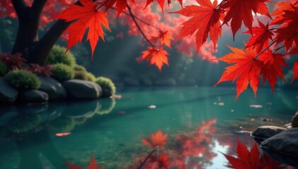 Crimson leaves mirrored in a classical Chinese pool , peaceful, red leaves, stock
