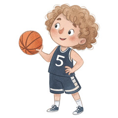 Cute watercolor illustration of a little boy with curly light brown hair, wearing a basketball jersey vector