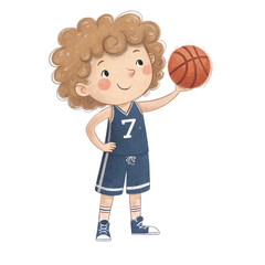 Cute watercolor illustration of a little boy with curly light brown hair, wearing a basketball jersey vector