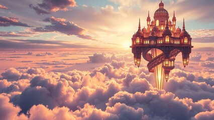 A majestic, ornate castle floats amidst a sea of clouds, illuminated by a warm sunset glow.