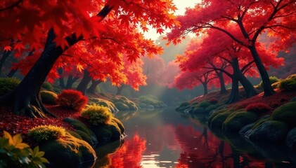 Crimson maple leaves ablaze, autumnal Japanese garden , scenic, red leaves