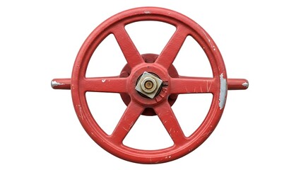 Obraz premium Red Industrial Valve Wheel with Metal Handle on White Background.