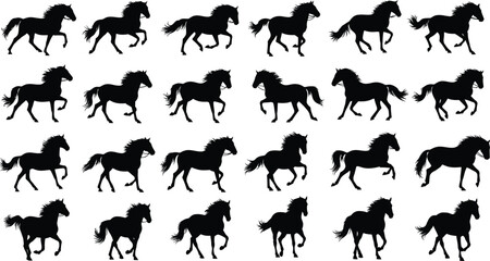 Collection of black horse silhouettes in various running positions