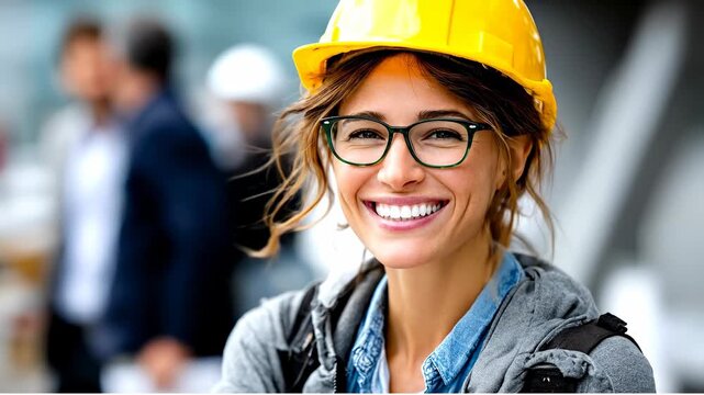 Smiling woman in hard hat at site. A woman in a yellow hard hat smiles while standing in a busy construction area with workers around her.