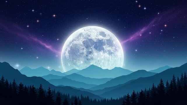 Stylized full moon over layered blue mountains and forest against a starry purple night sky
