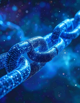 Close-up of a digital chain, glowing blue against a cosmic background