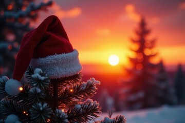 Crimson Santa hat adorns a Christmas tree, silhouetted against a fiery sunset , red hat, clouds