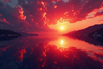 Crimson sky ablaze, mirroring in still waters , evening, sunset