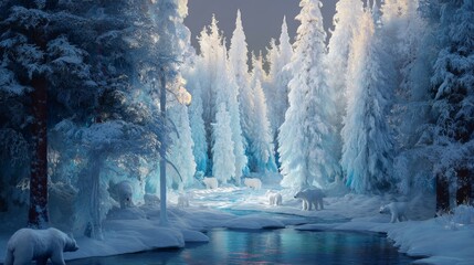 Obraz premium An enchanted forest of ice stretches into the horizon, where frosted trees sparkle like diamonds, and crystalline animals leave trails of sparkling snow. 
