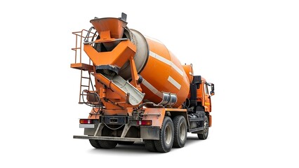 Fototapeta premium Rear View of an Orange Cement Mixer Truck on a White Background.
