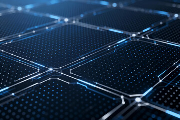 Digital Circuit Board Grid with Neon Lines and Dots