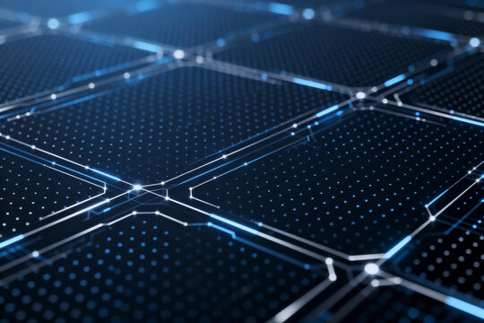 Digital Circuit Board Grid with Neon Lines and Dots - Powered by Adobe