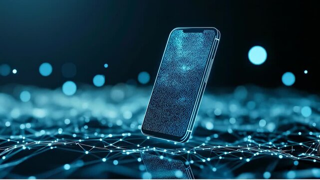 Digital phone with floating data lines. A mobile device displays glowing data on a dark background. Lines of light connect in the space around it.