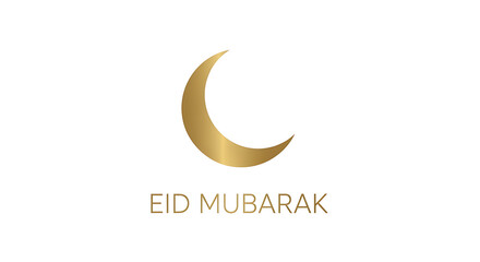 Obraz premium Golden crescent moon and text wishing 'Eid Mubarak' on a clean white background