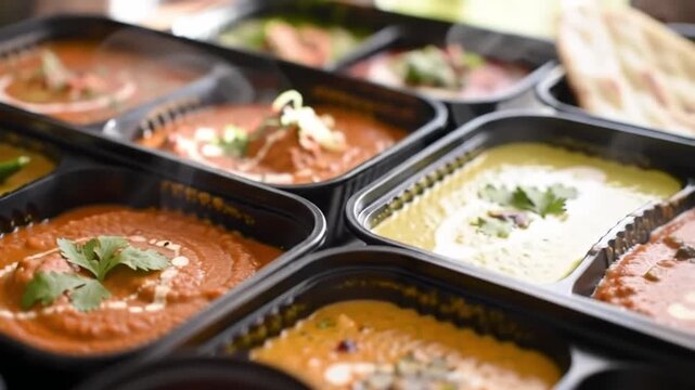 Hot meal in boxes, Indian food, home delivery, string lights background
