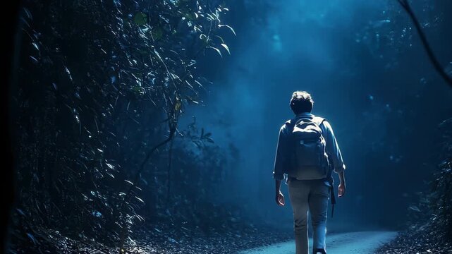 A traveler ventures down a dark forest trail illuminated by soft moonlight, surrounded by dense foliage. The atmosphere feels mystical and adventurous, inviting exploration.