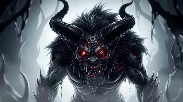 Horned Demon Emerging From Foggy Forest, For Horror, Fantasy, Gaming