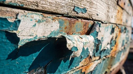 An old and weathered boat side with peeling paint revealing a vibrant color palette, weathered by the elements. Evoking feelings of time, history, and the relentless power of nature's elements.