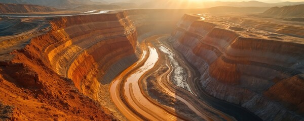 Vast open pit mine with stratified earth layers under sunlight. Waterways snake through massive excavation site, revealing mineral wealth. Heavy equipment operates in deep quarry, extracting earth