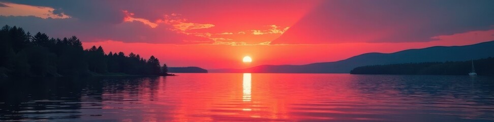 Crimson sun dips below Lake Superior's horizon; lone sailboat glides peacefully , view, image