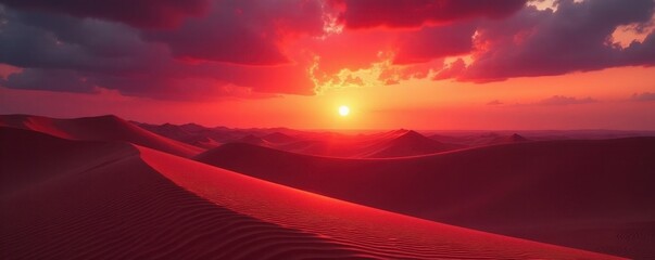 Crimson sun dips below undulating dunes, creating fiery sky , sunset, scenic, beautiful