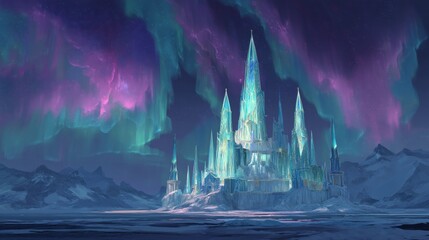 An eternal ice palace stretches across the tundra, its diamond towers glowing softly as auroras dance through frosted stained glass. 