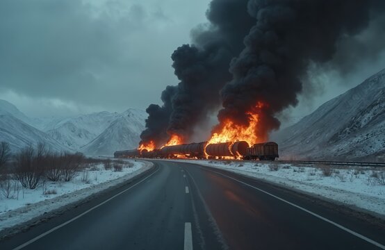 Burning train derailment sends thick black smoke skyward in winter mountains. Cars aflame on tracks beside snow covered highway road. Emergency scene, transportation disaster.