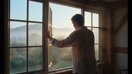 A person stands before an open window, taking in a breathtaking view of a misty, sun-kissed landscape, experiencing a moment of peace and contemplation.