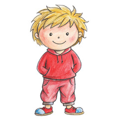 A simple hand-drawn child&rsquo;s drawing of a blonde boy with messy hair, wearing a bright red hoodie, pants, and small sneakers vector