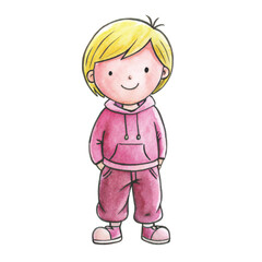A simple hand-drawn child&rsquo;s drawing of a blonde boy with messy hair, wearing a bright red hoodie, pants, and small sneakers vector