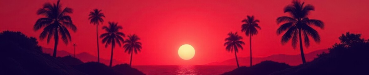 Crimson sunset, infrared palms silhouette against sky,  dark,  tropical