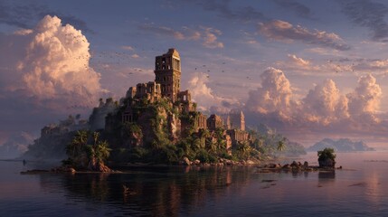 An island where time stands still, covered in ancient ruins that pulse with an ethereal glow, while the sky above shifts through centuries in minutes. 