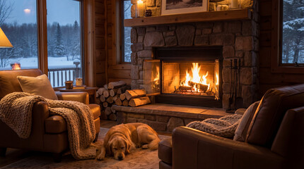 Obraz premium Cozy Cabin Interior with Fireplace and Golden Retriever basking in winter.