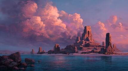 An island where time stands still, covered in ancient ruins that pulse with an ethereal glow, while the sky above shifts through centuries in minutes. 