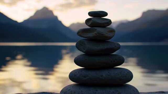 Rocks balanced by lake with mountain at sunset for balance or focus metaphor