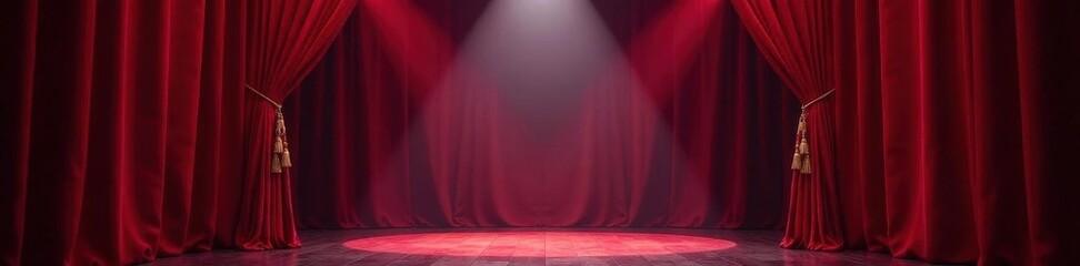 Crimson velvet curtains frame a spotlight on an empty cabaret stage , color, dark