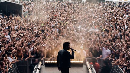 The energy of a live concert electrifies the crowd, captured from the perspective of the stage with a sense of unity and shared experience.