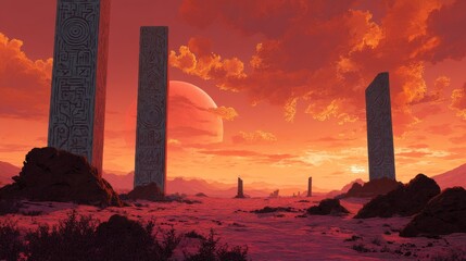 Ancient monoliths carved with alien glyphs rise from a crimson planet's surface, pulsing with forgotten energy beneath a triple sunset. 