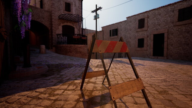 In a charming village square, wooden construction barriers mark an area under repair. The sunlight casts a warm glow over cobblestones and rustic buildings, while flowers add color nearby.
