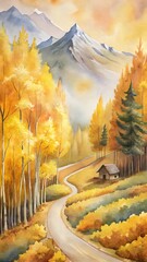 A winding road through yellow and green trees leads to a cabin in snowy mountains.